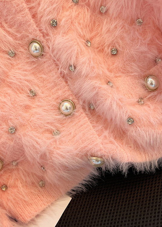 Pink Cozy Fuzzy Fur Fluffy Cardigan Zircon Spring YH010