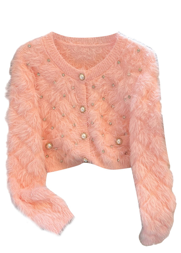 Pink Cozy Fuzzy Fur Fluffy Cardigan Zircon Spring YH010