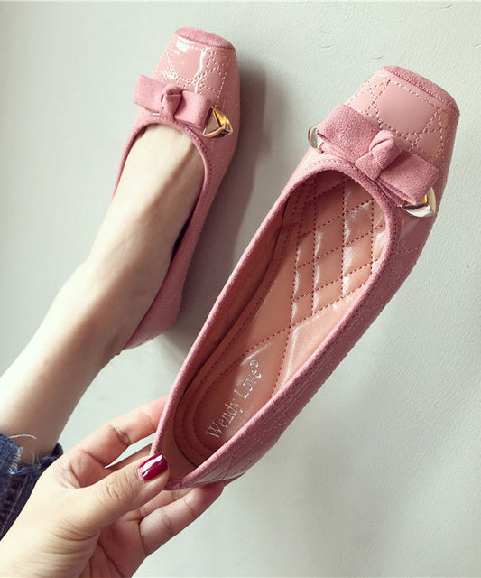 Faux Splicing Toe Leather Women Flats Pink Square Bow