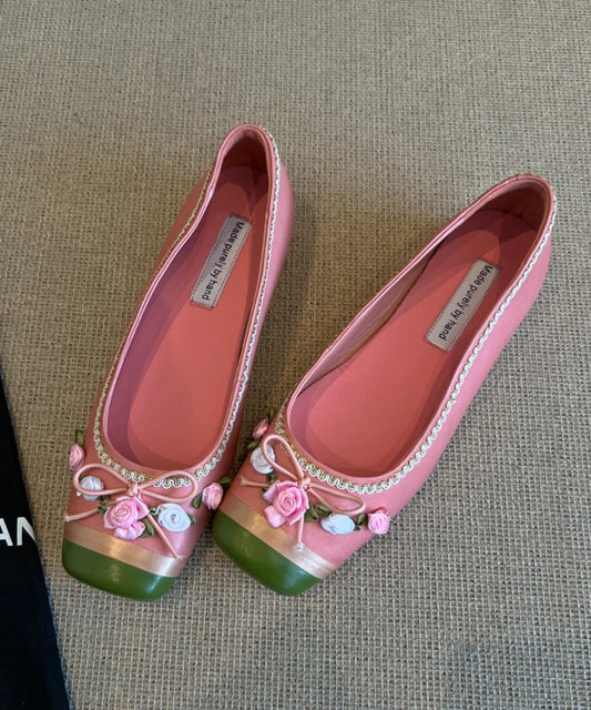 For French Floral Shoes Splicing Women Flat Embroidered Pink