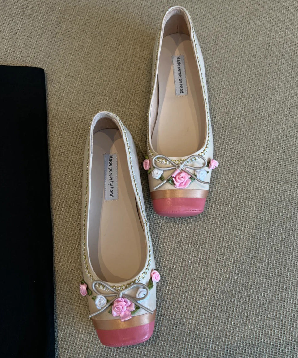 For French Floral Shoes Splicing Women Flat Embroidered Pink