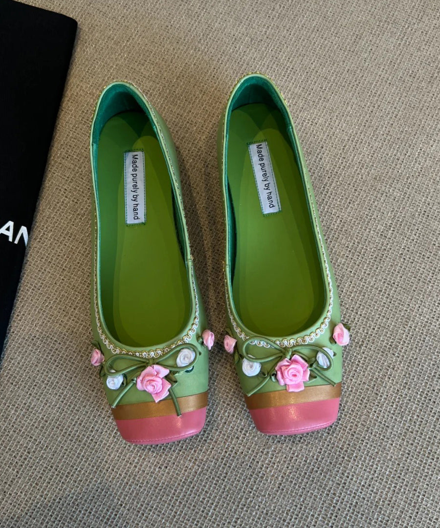 For French Floral Shoes Splicing Women Flat Embroidered Pink