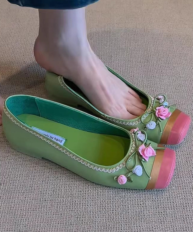 For French Floral Shoes Splicing Women Flat Embroidered Pink