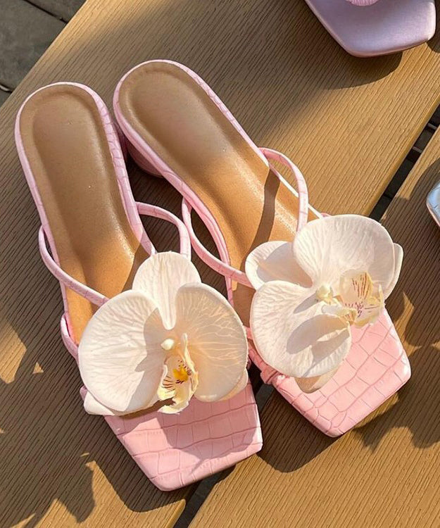 Chunky Splicing Toe Pink Slide Sandals Floral Peep