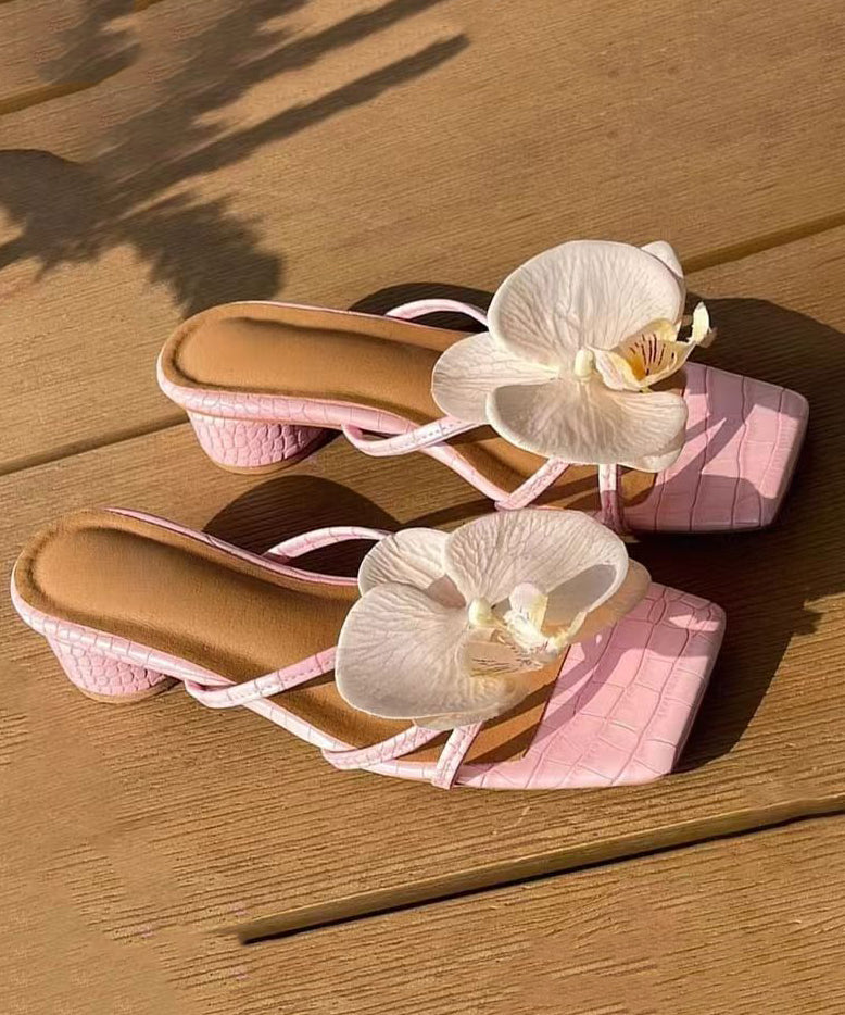 Chunky Splicing Toe Pink Slide Sandals Floral Peep
