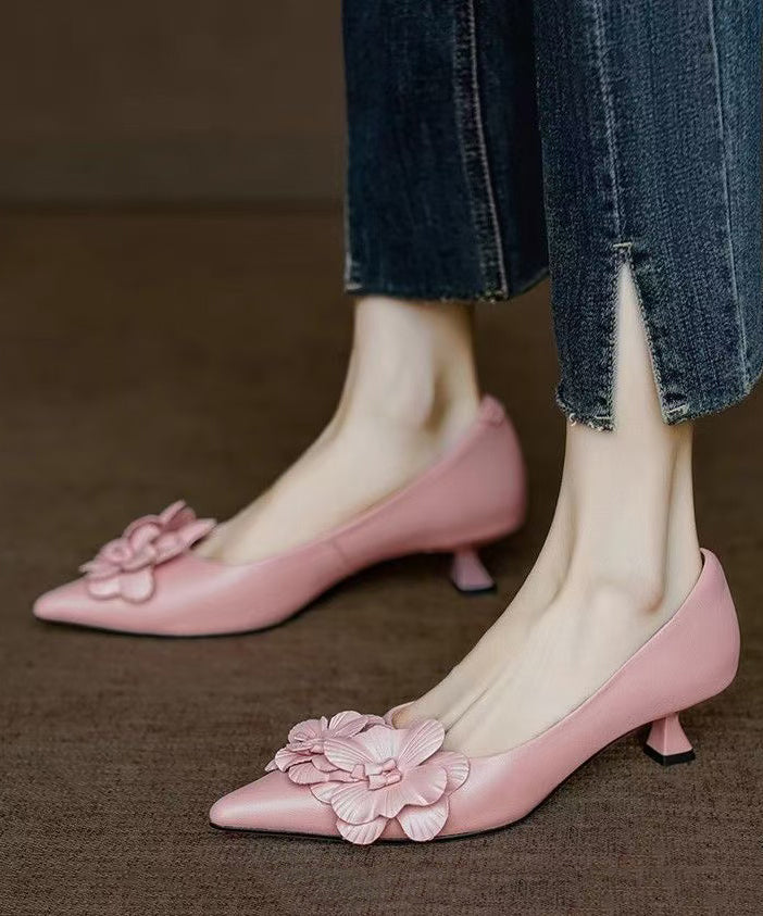 Sheepskin Floral Pink Heel Pointed Toe Unique High Splicing