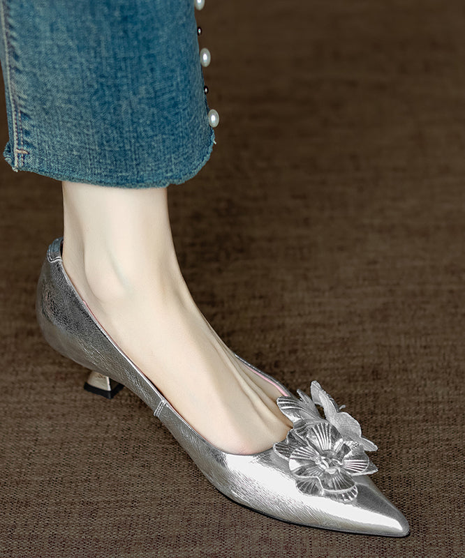 Sheepskin Floral Pink Heel Pointed Toe Unique High Splicing