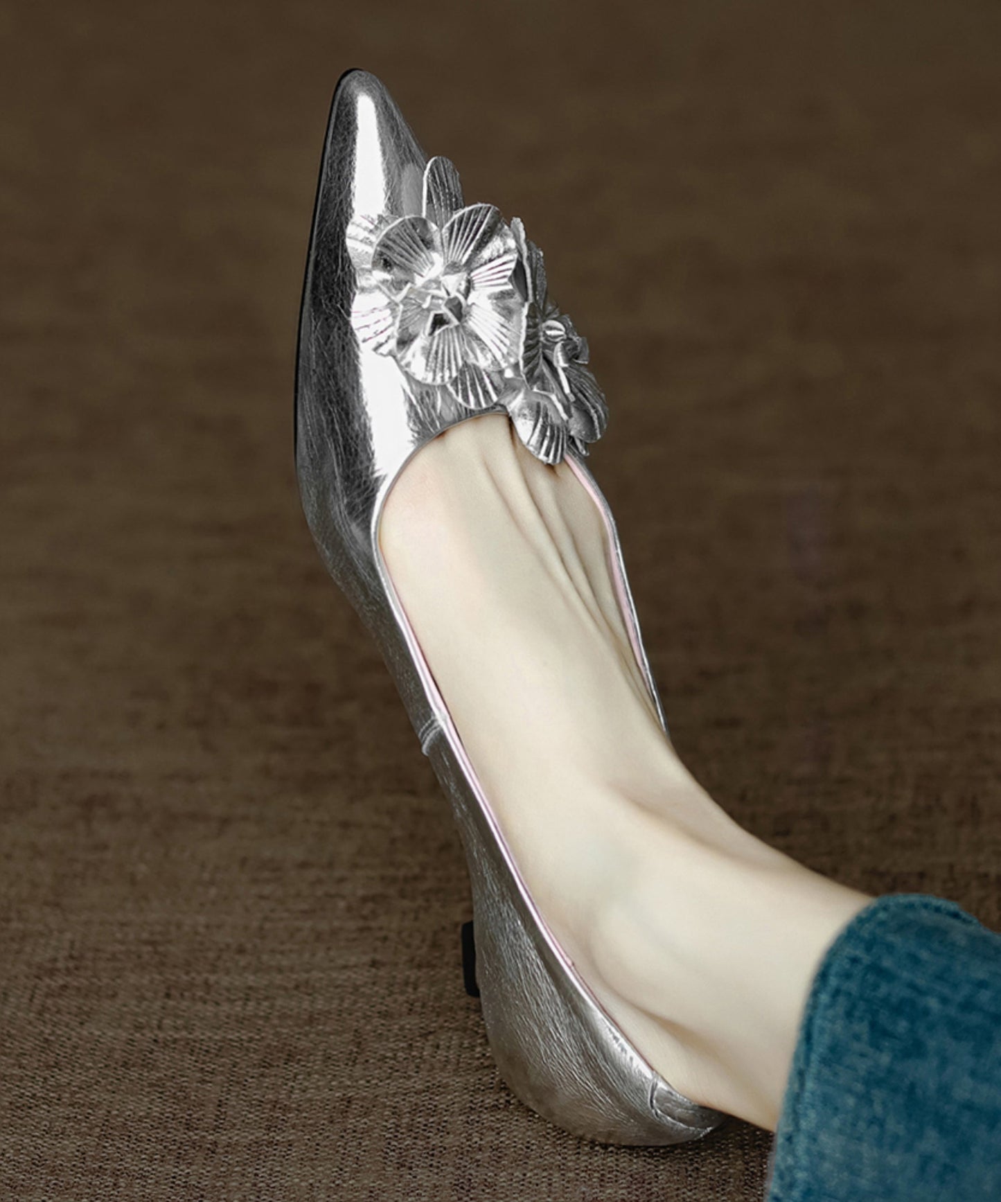 Sheepskin Floral Pink Heel Pointed Toe Unique High Splicing