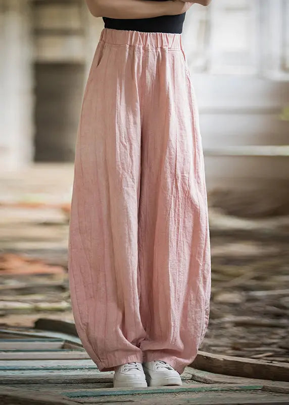 Pink High Waist Linen Wide Leg Pants Pockets Ada Fashion