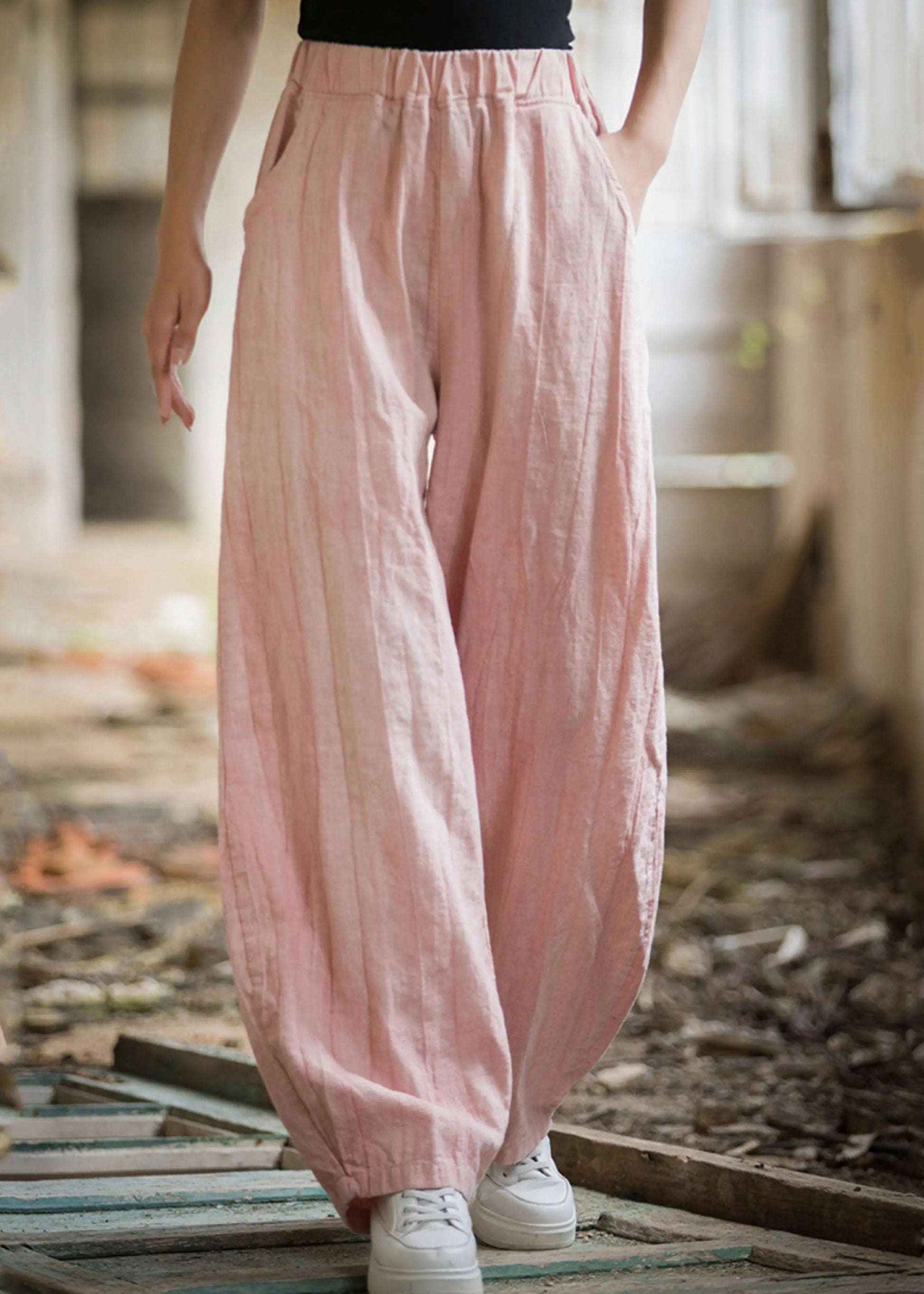 Pink High Waist Linen Wide Leg Pants Pockets Ada Fashion