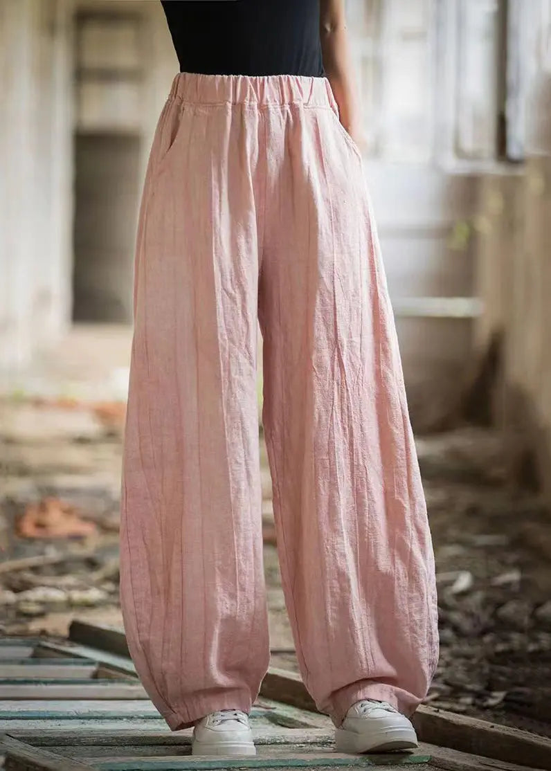 Pink High Waist Linen Wide Leg Pants Pockets Ada Fashion