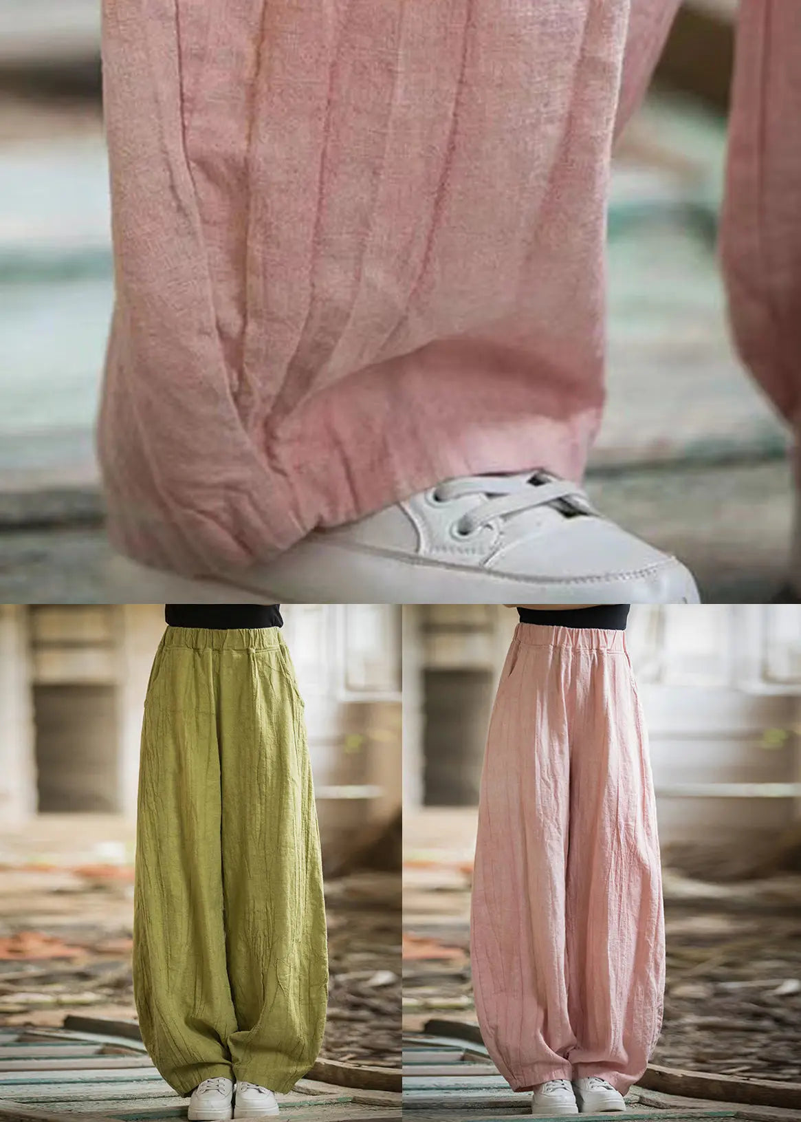 Pink High Waist Linen Wide Leg Pants Pockets Ada Fashion