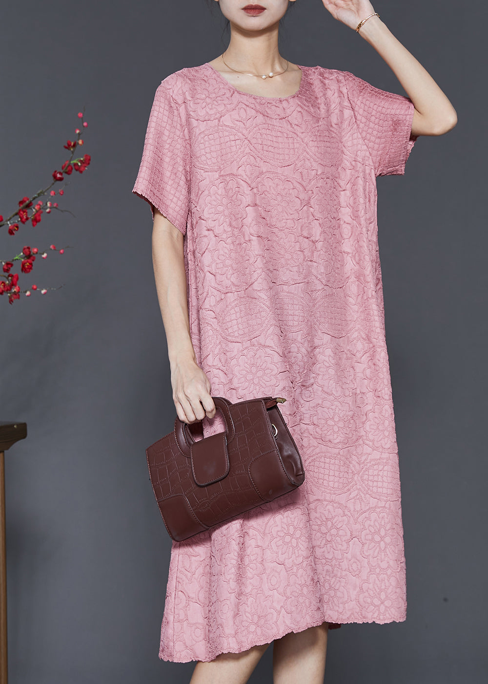 Pink Jacquard Cotton Vacation Dresses Oversized Summer SD1027