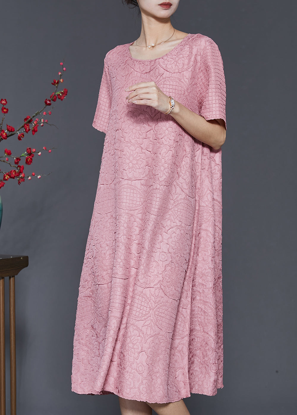 Pink Jacquard Cotton Vacation Dresses Oversized Summer SD1027