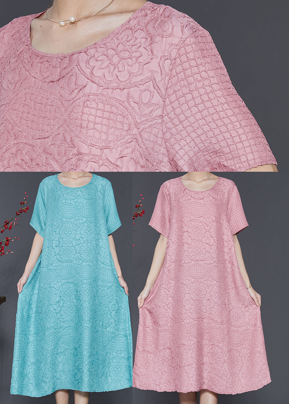 Pink Jacquard Cotton Vacation Dresses Oversized Summer SD1027