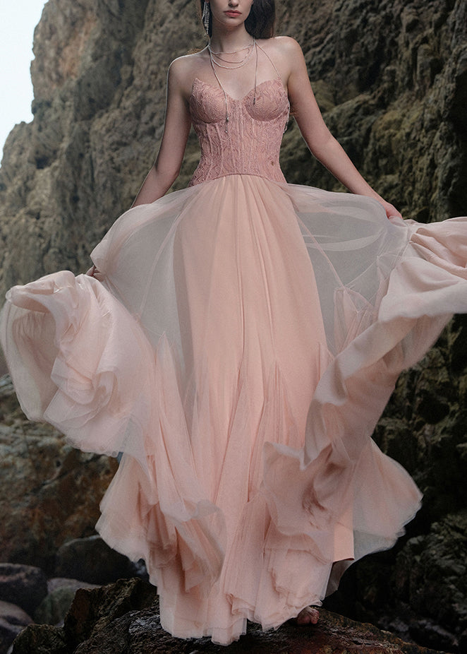 Summer Dresses Patchwork Maxi Backless Tulle Pink Lace
