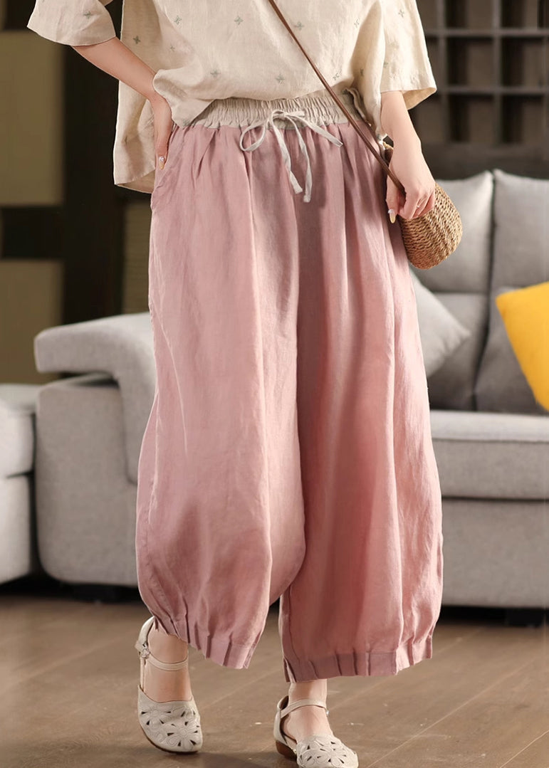 Pants Patchwork Summer Crop Elastic Linen Pink Waist Up Lace