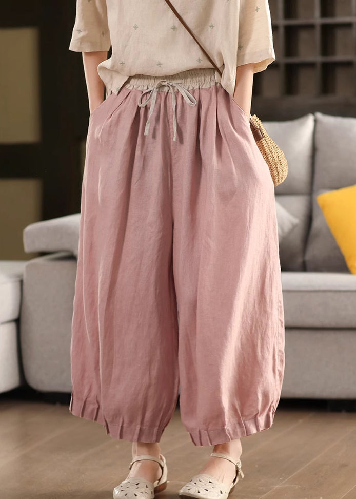Pants Patchwork Summer Crop Elastic Linen Pink Waist Up Lace