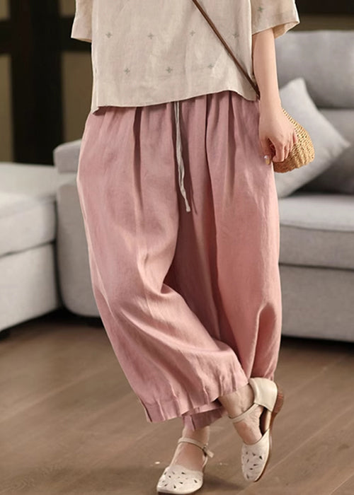 Pants Patchwork Summer Crop Elastic Linen Pink Waist Up Lace