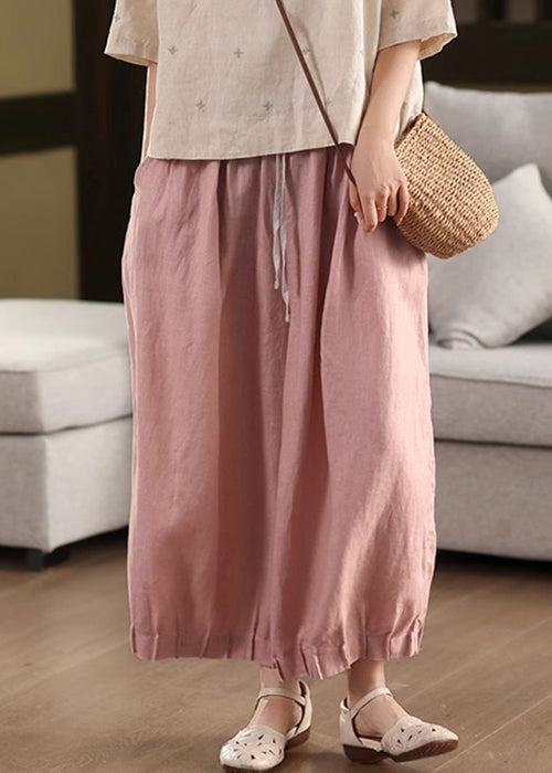 Pants Patchwork Summer Crop Elastic Linen Pink Waist Up Lace