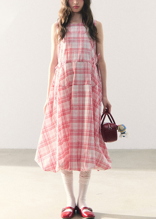 Long Lace Up Dress Zippered Summer Pink Cotton Plaid