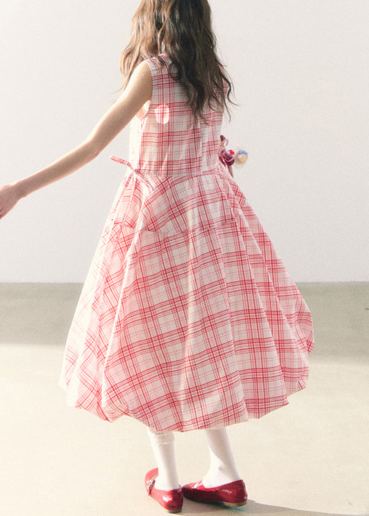 Long Lace Up Dress Zippered Summer Pink Cotton Plaid
