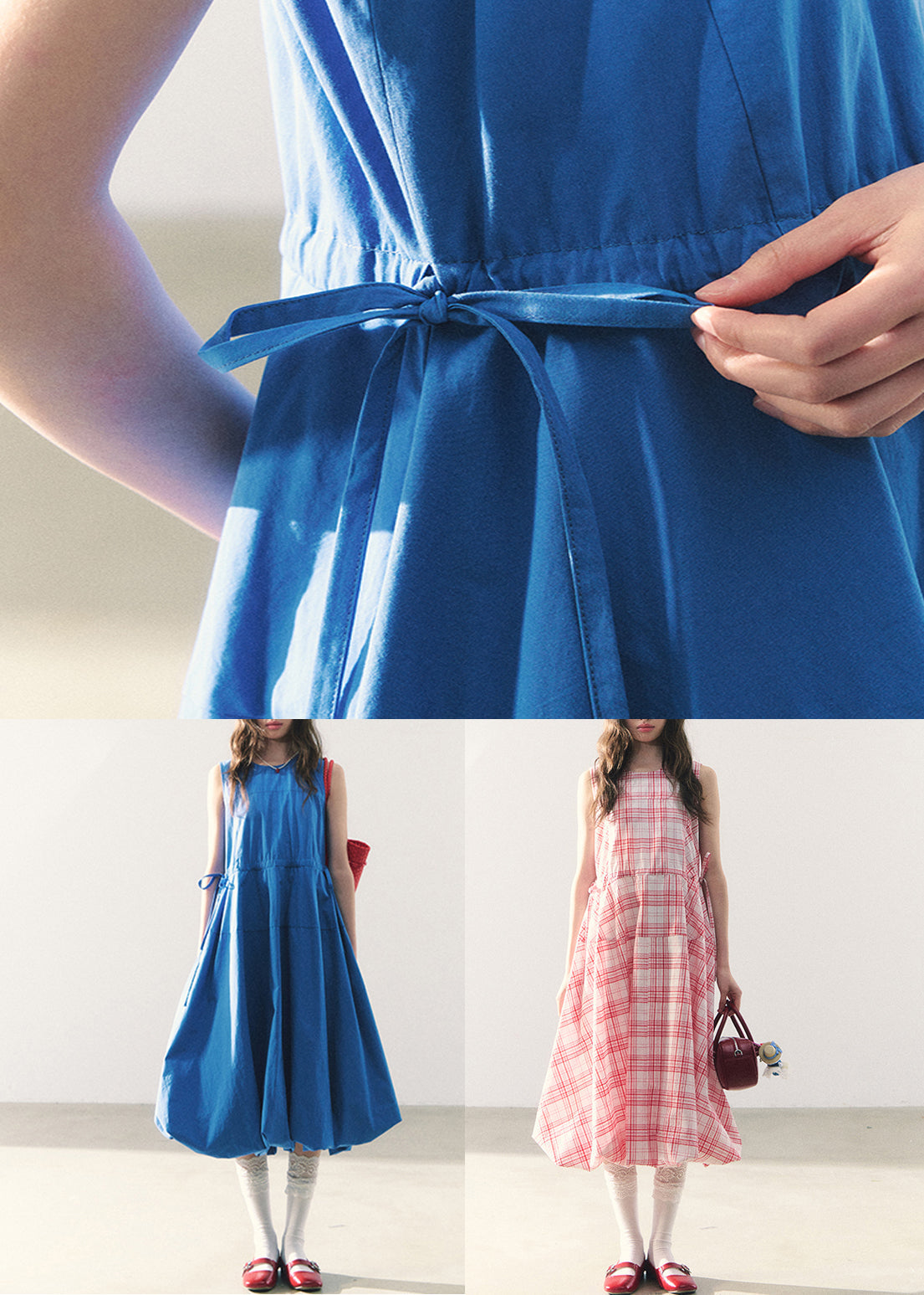 Long Lace Up Dress Zippered Summer Pink Cotton Plaid