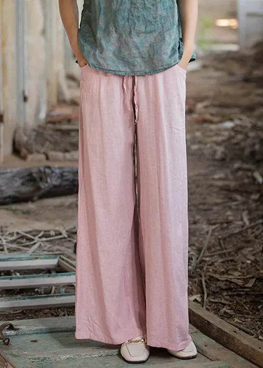 Pink Pockets Linen Wide Leg Pants Elastic Waist Ada Fashion