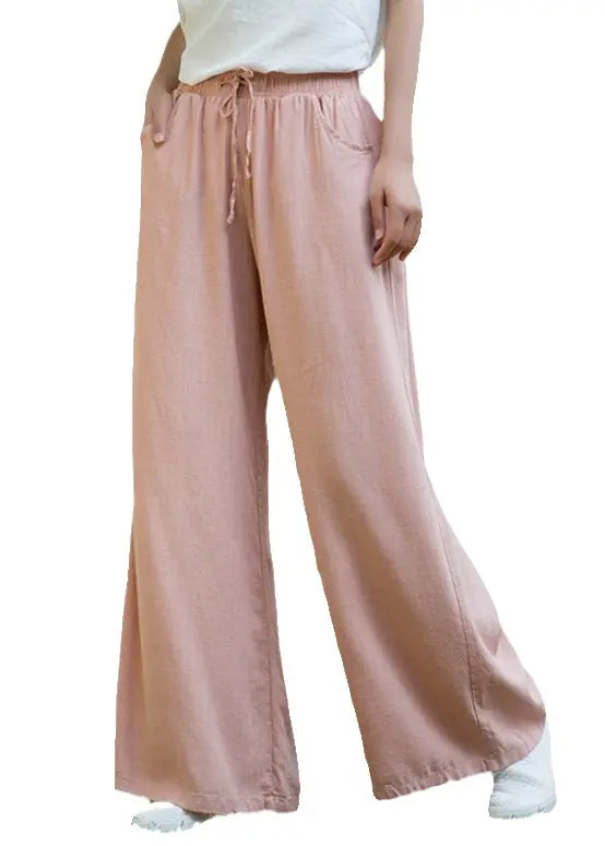 Pink Pockets Linen Wide Leg Pants Elastic Waist Ada Fashion