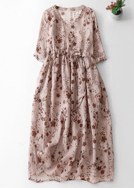 Pink Print Boho Cotton Long Dress V Neck Drawstring Summer AM1068