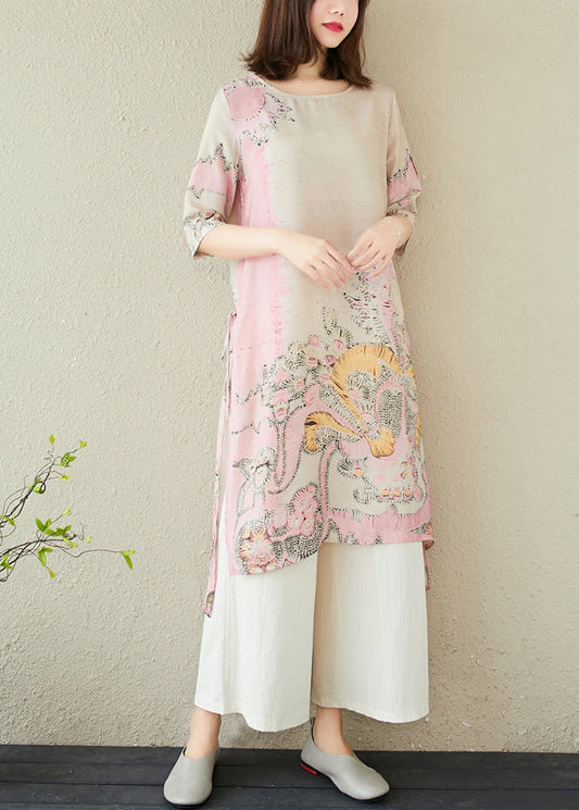 Print Linen Side Summer Open Long Dress Pink