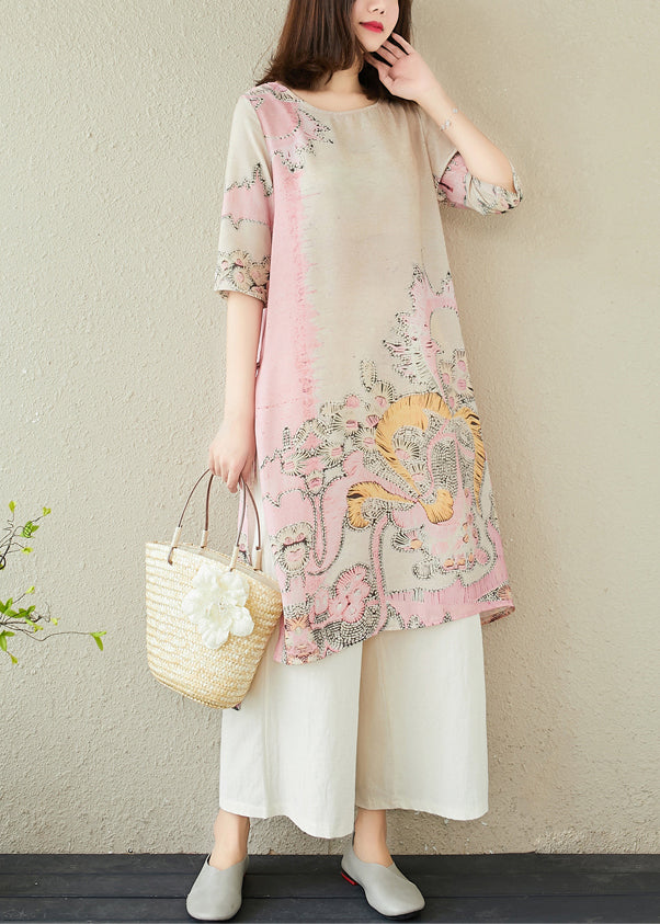 Print Linen Side Summer Open Long Dress Pink