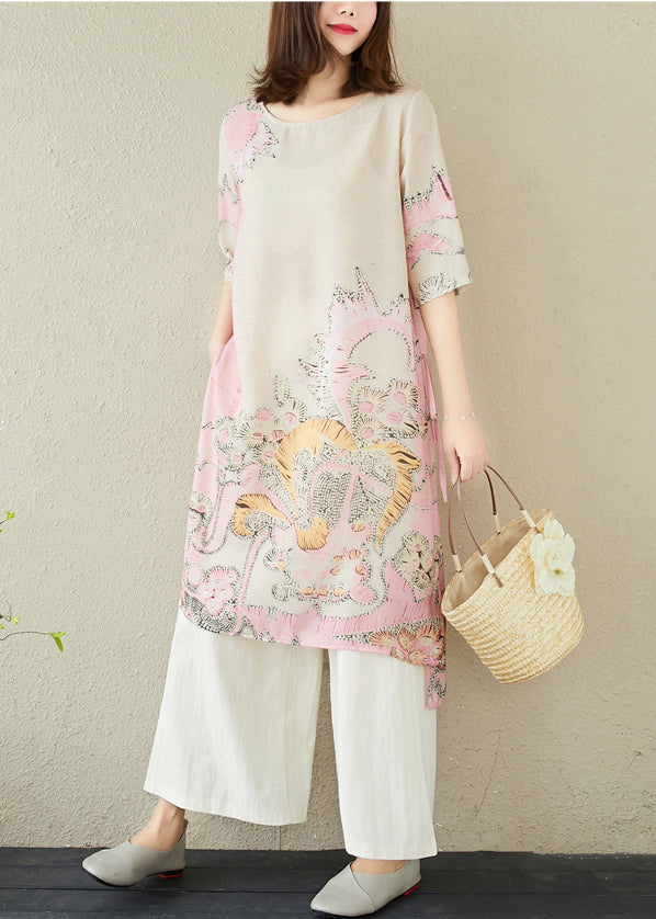 Print Linen Side Summer Open Long Dress Pink