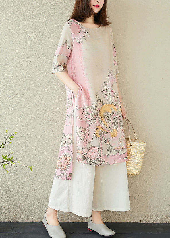 Print Linen Side Summer Open Long Dress Pink