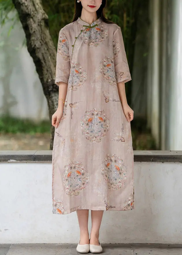 Pink Side Open Print Linen Long Dresses Stand Collar Summer Ada Fashion