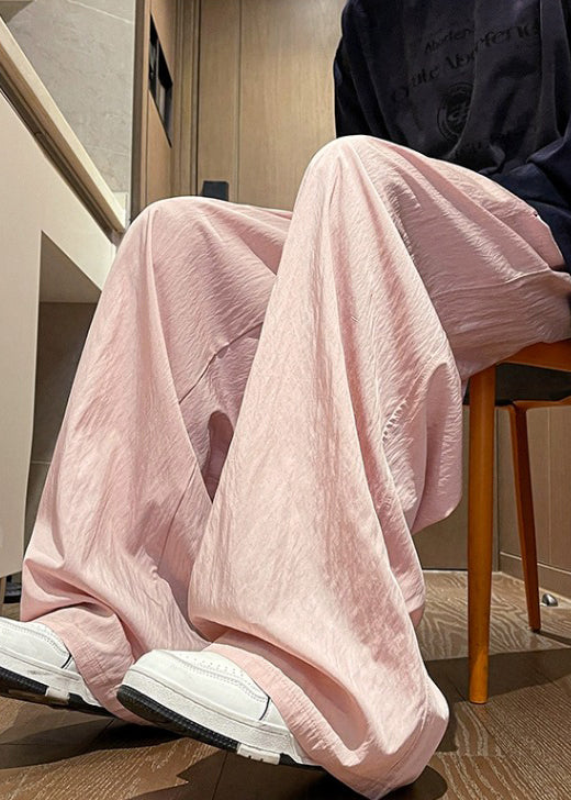 Summer Waist Pants Mens Elastic Pink Wide Solid Ice Leg Silk