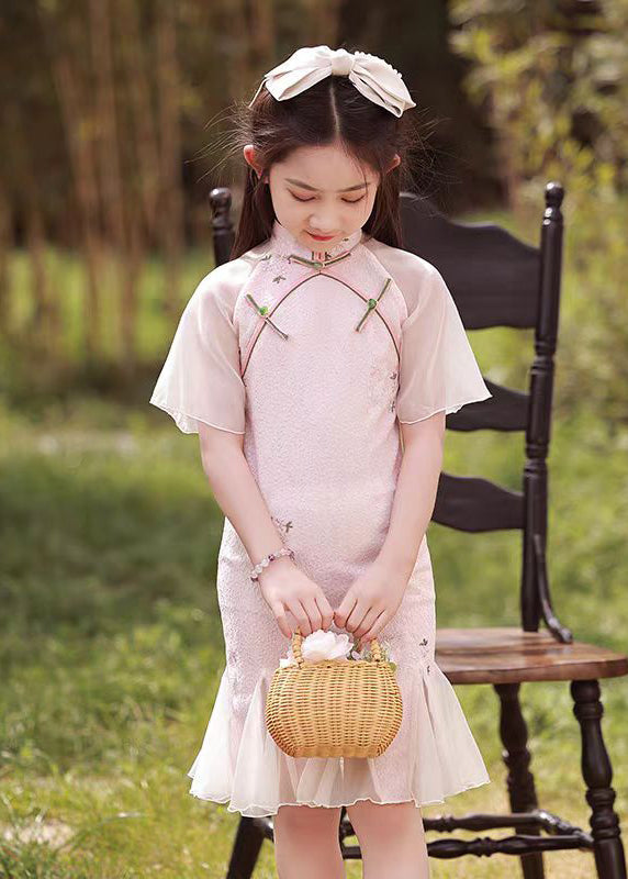 Stand Girls Short Collar Button Pink Maxi Sleeve Dress