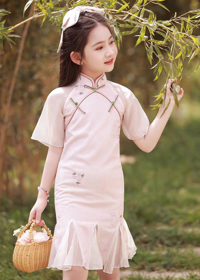 Stand Girls Short Collar Button Pink Maxi Sleeve Dress
