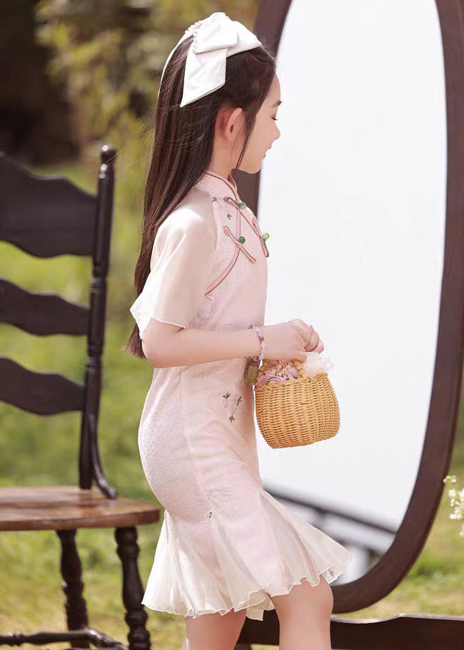 Stand Girls Short Collar Button Pink Maxi Sleeve Dress