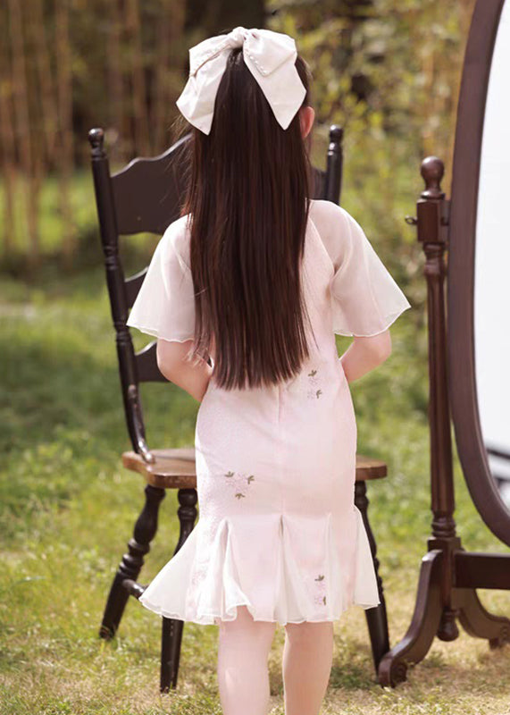 Stand Girls Short Collar Button Pink Maxi Sleeve Dress