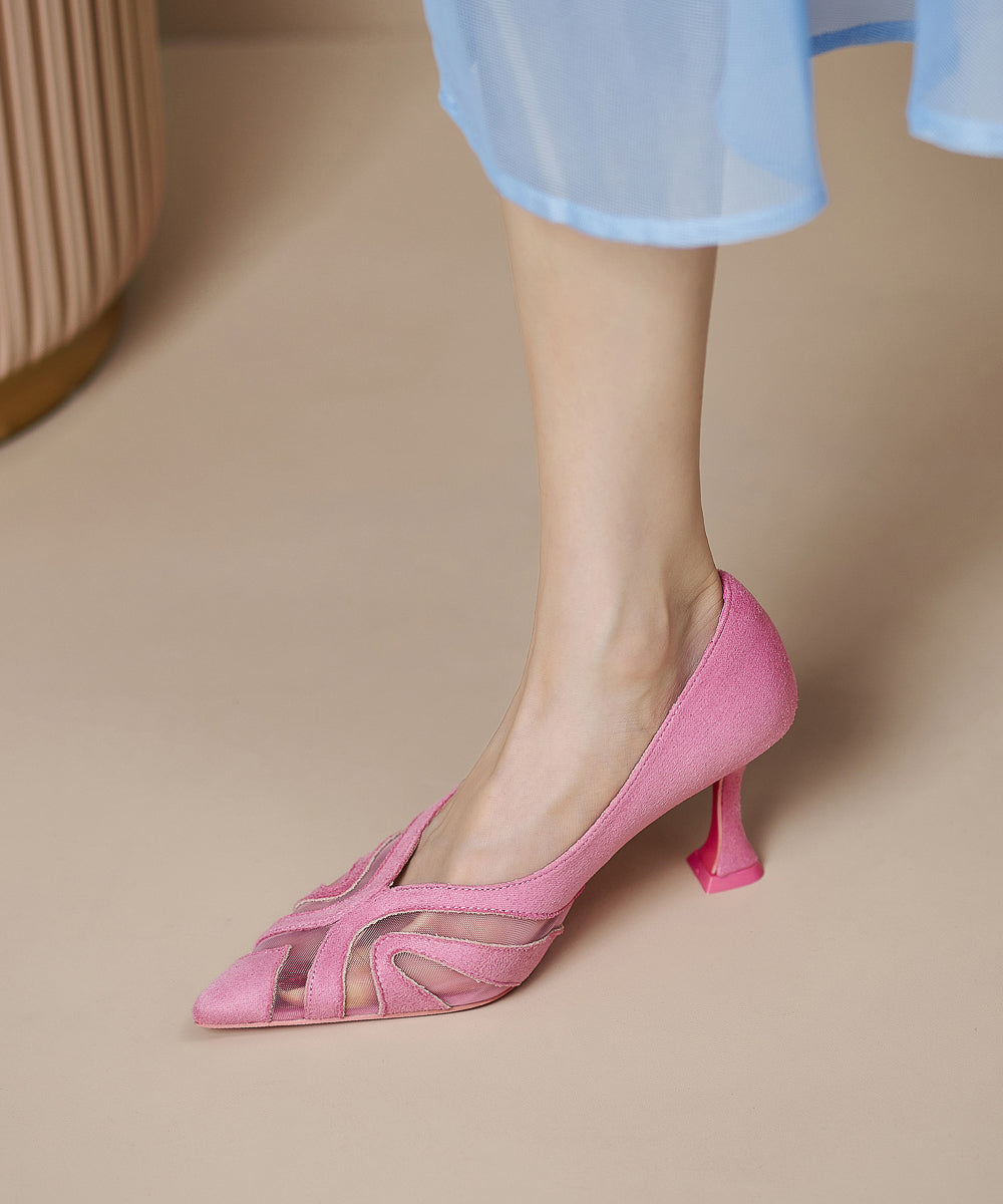 Splicing Suede Tulle Heels Pink Chic Pointed High Toe