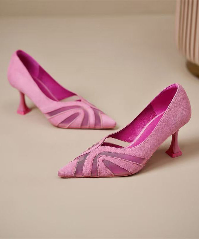 Splicing Suede Tulle Heels Pink Chic Pointed High Toe