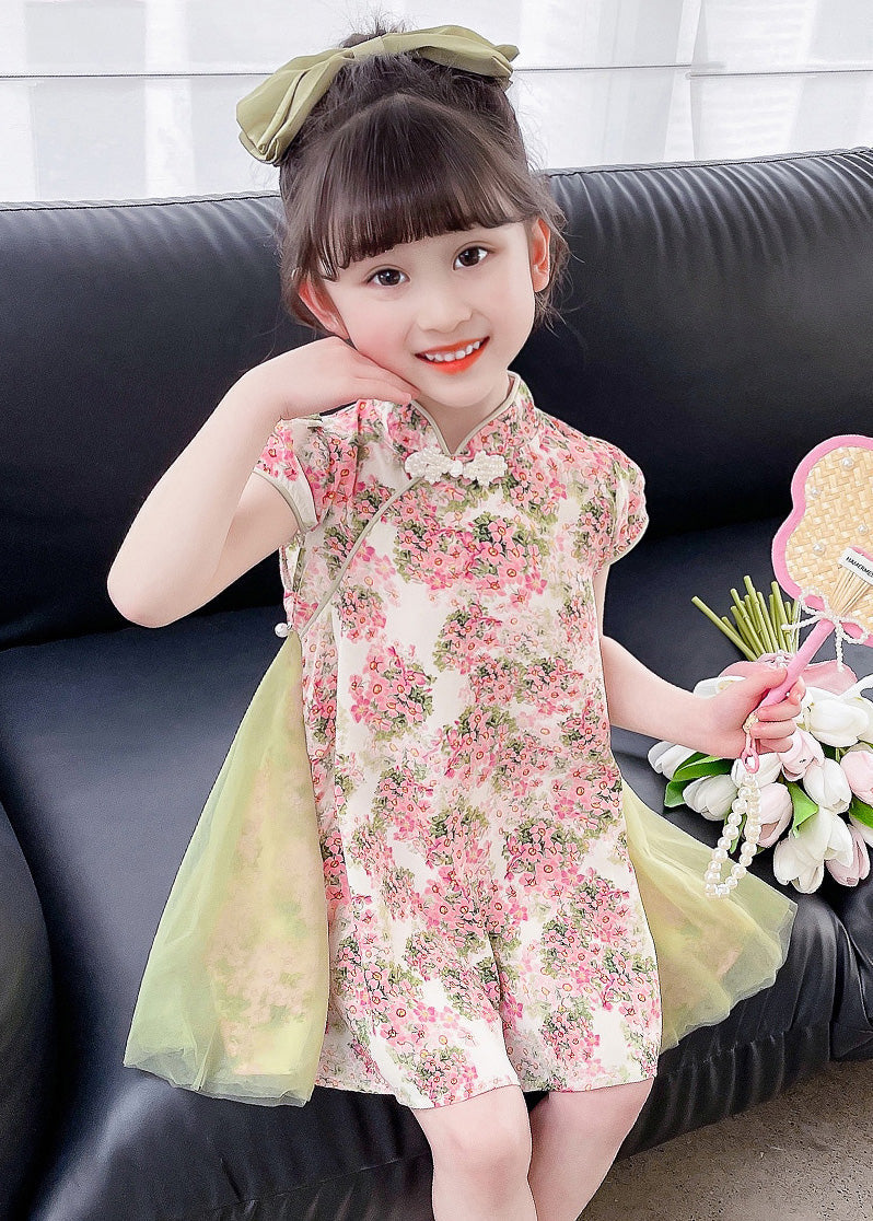 Pink Tulle Patchwork Button Kids Mid Dresses Short Sleeve GF003