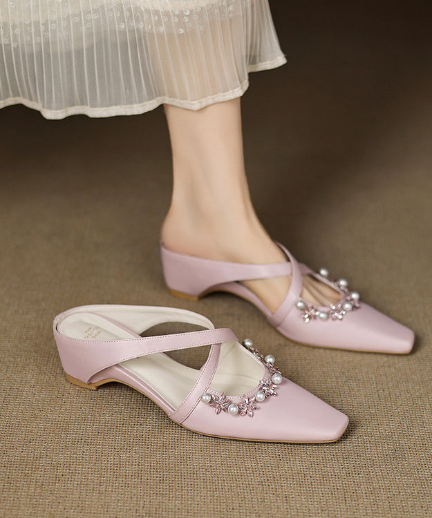 Sheepskin Splicing Wedge Slide Pink Zircon Nail Sandals Elegant