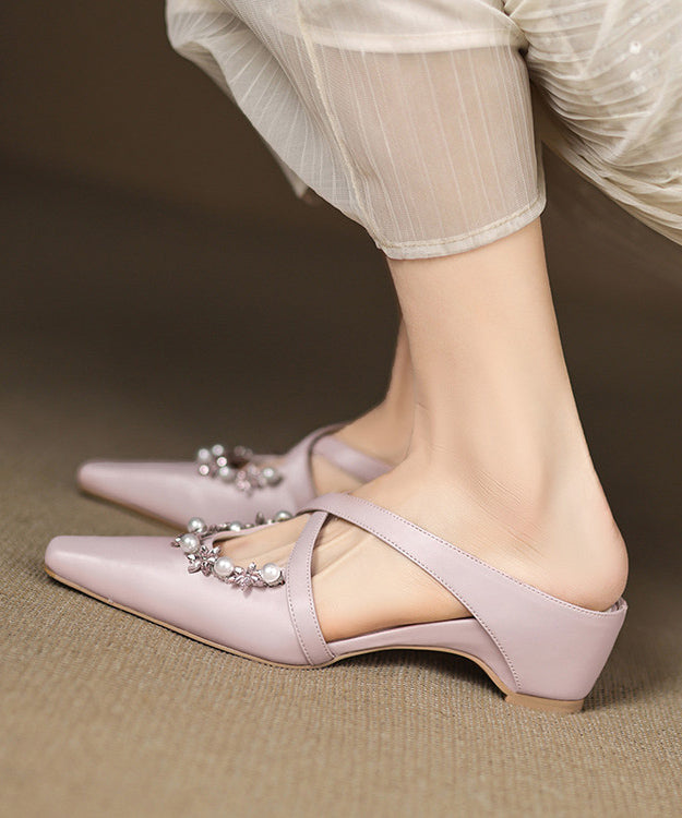 Sheepskin Splicing Wedge Slide Pink Zircon Nail Sandals Elegant