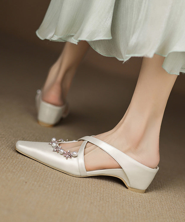 Sheepskin Splicing Wedge Slide Pink Zircon Nail Sandals Elegant