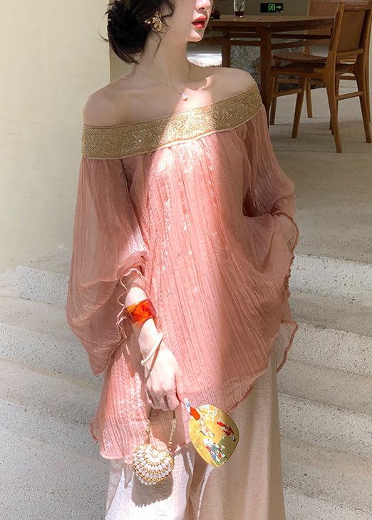 Fall Neck Wrinkled Chiffon Pink Slash Patchwork Shirts