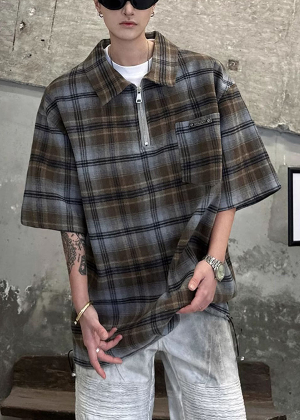 Men Shirt Sleeve Half Zippered Pullover Cotton Plaid Green