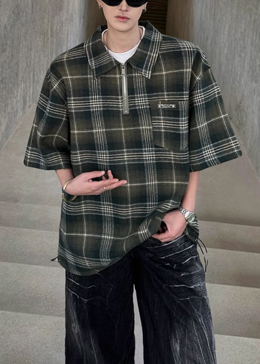 Men Shirt Sleeve Half Zippered Pullover Cotton Plaid Green