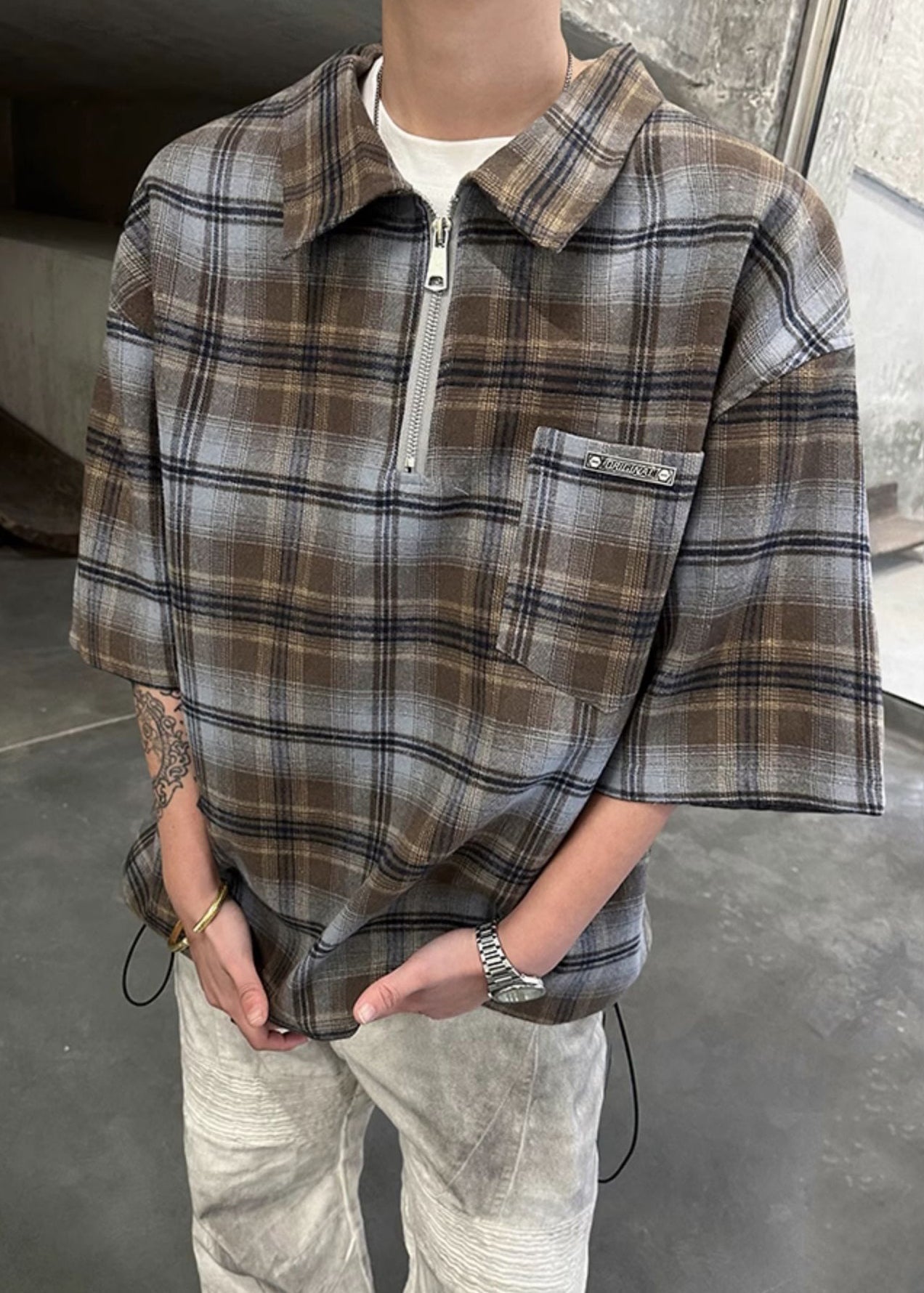 Men Shirt Sleeve Half Zippered Pullover Cotton Plaid Green